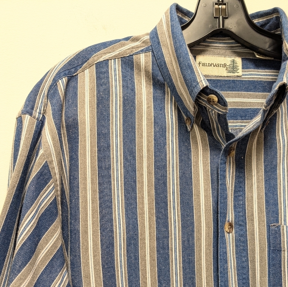 Fieldmaster Vintage Blue White and Tan Denim Striped Button Down Shirt Men's M - Picture 3 of 12